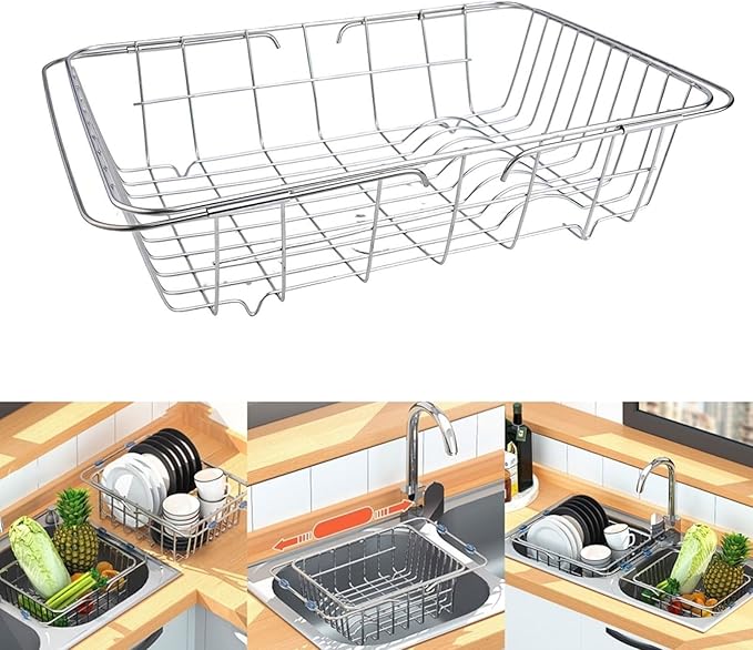 Adjustable Sink Dish Drying Rack Stainless Steel with Non-Slip Rubber Feet for Kitchen Storage Organization Space-Saving Over-the-Sink Drainer Holder for Vegetables Fruits(38x28x10cm)