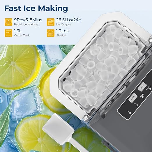 Ice Makers Countertop with Handle, 9 Ice Cubes in 6 Mins, 26.5Lbs/24H, 2 Sizes of Bullet Ice, Portable Ice Maker Machine with Self-Cleaning, for Home Kitchen Party RV Camping, Stainless Steel Silver