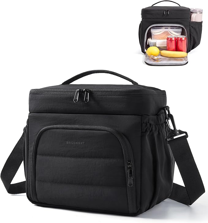 BAGSMART Puffy Insulated Lunch Bag, Lightweight Large 14L Double Deck Lunch Box for Women, Soft Cooler Tote for Office Work Travel Camping with Stretch Side Pockets Fits 40 oz Bottle, Black