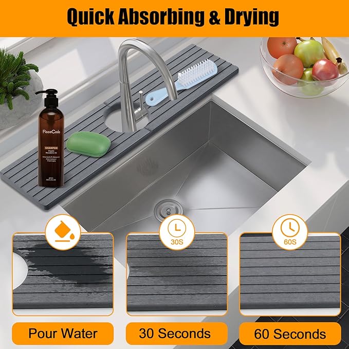2 Pack Faucet Mat for Kitchen Sink, Diatomaceous Stone Mat, 23.6x4 Inch, Dark Grey, Quick Drying Splash Guard & Drip Catcher for Faucet Bathroom Counter