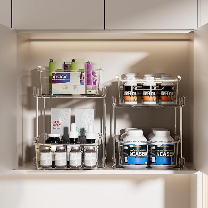 Delamu 2-Tier Clear Stackable Under Sink Organizers 2 Sets & Set of 4 Acrylic Shelf Riser, Cabinet Organizer Shelf for Kitchen