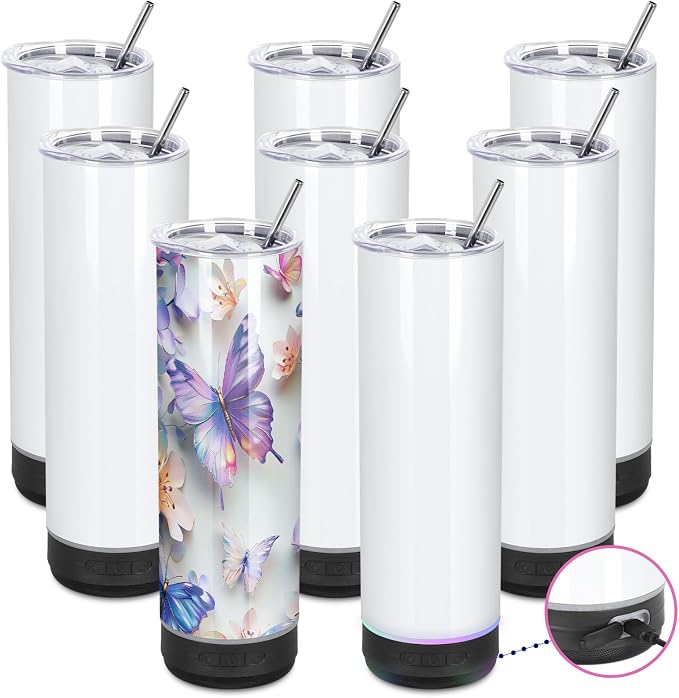 8 Pack 20Oz Music Speaker Tumbler, Skinny Straight Sublimation Tumblers, Stainless Steel Double Wall Insulated Speaker Cup With Detachable LED Light（Black）