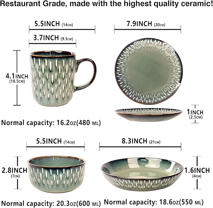 Dinnerware Sets 16 Pieces - Round Reactive Glaze Tableware - Kitchen Dinnerware Porcelain Crockery with Dinner Plate, Bowl and Soup Plate Service for 4, Microwave Dishwasher Safe, Set No.4