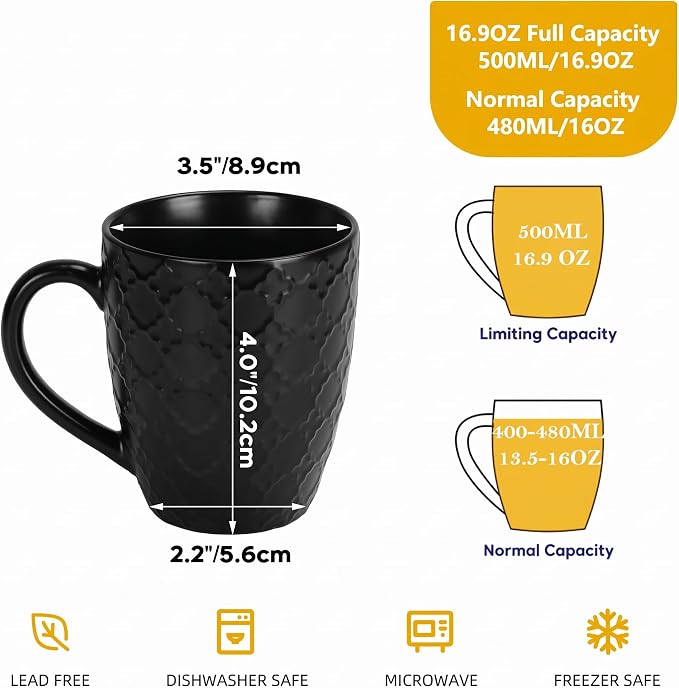 Schliersee 16 OZ Black Coffee Mugs Set of 6, Geometric Pattern Ceramic Coffee Mug Cups for Latte, Tea, Cappuccino, Mocha, Cocoa, Espresso cups