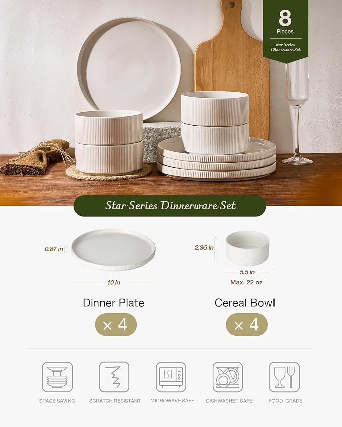 Famiware Star 8-Piece Stoneware Dinnerware Sets for 4 – 10.5" Flat Dinner Plates & 23 oz Deep Cereal Bowls, for Everyday & Formal Use, Chip & Scratch Resistant, Microwave/Dishwasher Safe, Matte White