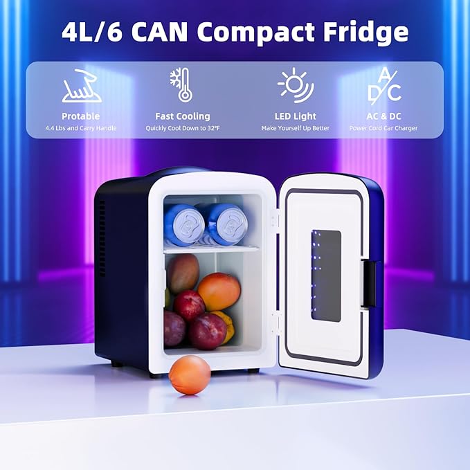 Antarctic Star Mini Fridge 4 Liter/6 Cans Portable Mini Compact Refrigerator with Gaming Light, for Bedroom,Car,Office and Dorm, Small Cooler for Cosmetics, Beverage and Food, Black