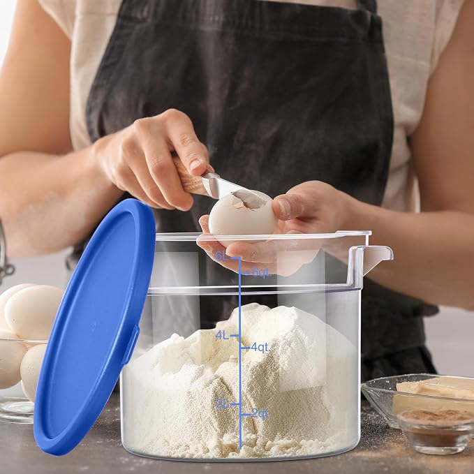 Suclain 4 Set 6 Quart 4 Qt Round Food Storage Containers with Lids Clear Proofing Container for Dough Bread with Scale Handle Home Restaurant Commercial Food Storage(Blue)