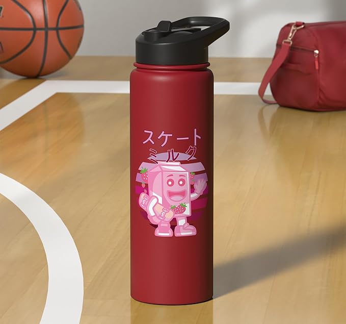 Retro 90s Japanese Skateboarding Strawberry Milkshake Carton Stainless Steel Insulated Water Bottle