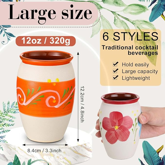 Gejoy 12 Pack 12oz Cantaritos de Barro Mexicanos Mexican Clay Cup Pottery Fiesta De Barro Mexicanos Cocktail Cups Coffee Mugs Cocktail Tea Glasses for Margaritas Mojitos (Bright,White)