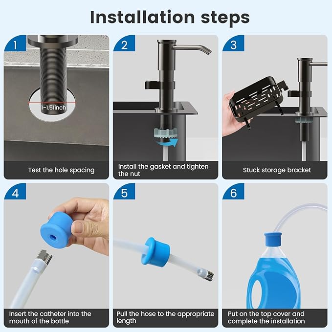 Soap Dispenser for Kitchen Sink, Built in Sink Soap Dispenser with Sponge Rack, Countertop Soap Dispenser Pump with Extension Tube kit, No More Refills,All Metal NO ABS (Grey)