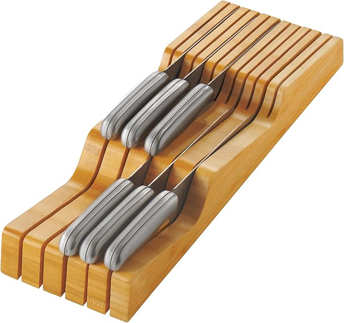 Knife Block Drawer Organizer - Bamboo Knife Drawer Organizer Insert for Kitchen Drawer, In Drawer Knife Holder, 16 Slot Drawer Knife Block, Drawer Knife Organizer, Knife Storage Organizer for Drawer