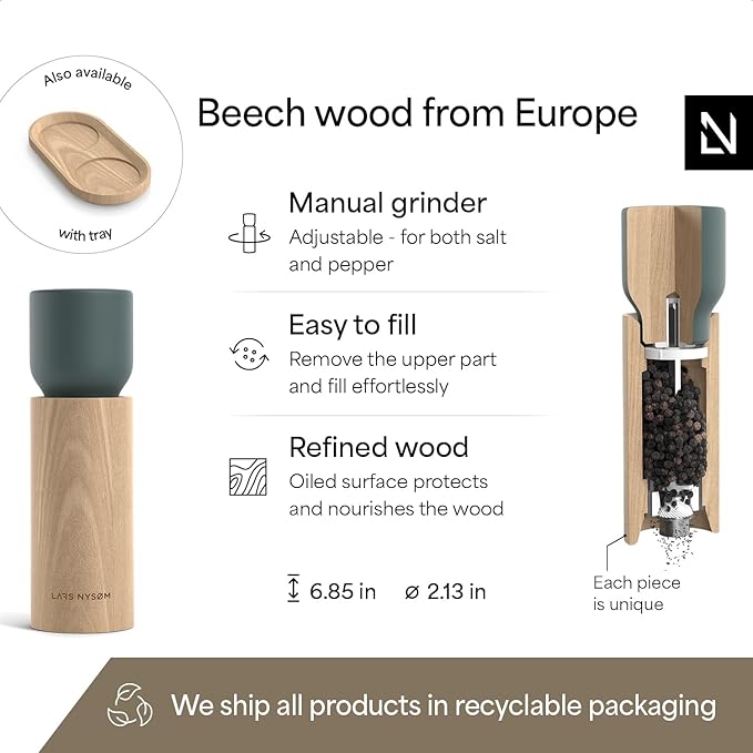 LARS NYSØM Wooden Salt and Pepper Grinder Set Manual - Salt and Pepper Mills with Adjustable Ceramic Grinder - Elegant Beechwood Pepper and Salt Mill Set for Dining Table (Stone Blue)