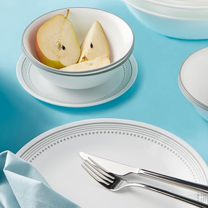 Corelle Dinnerware Set (12pc Set, Mystic Grey)-Dinner Set for 4 Includes 4 x Dinner Plates, Side Plates & Bowls 3 X More Durable, Half The Space & Weight of Ceramic up to 80% Recycled Glass, 1146820
