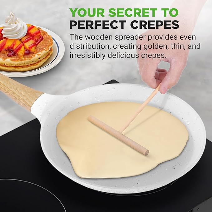 NutriChef 2-Pack Non-Stick Crepe Pan Set, 9.4" Marble Coated Dosa Pans with Wooden Spreaders, Bakelite and Wood Handles, Induction-Compatible, Dishwasher Safe, Even Heat Distribution, White Cream