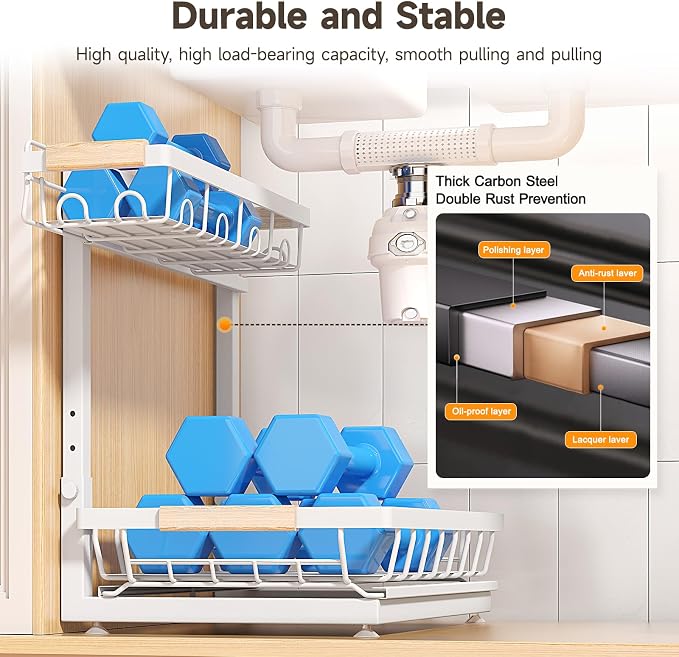 Sevenblue 2 Packs Under Sink Organizer, Height Adjustable 2 Tier Under Kitchen Sink Organizer, Multi-Purpose Storage Shelf for Kitchen Bathroom Cabinet (White, Large)
