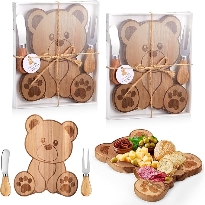 Ziliny 2 Set Baby Shower Prizes Bear Shaped Cheese Board with Cheese Knives and Forks Baby Shower Party Favors Gift Box for Wedding Bridal Birthday Gender Reveal Favor (Acacia Color)