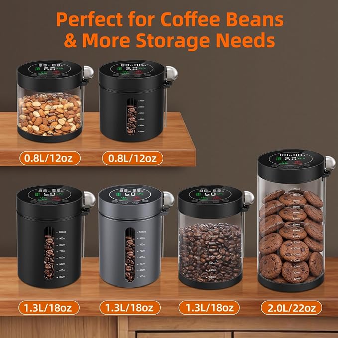 Electric Vacuum Coffee Canister, 1.3L Glass Airtight Food Storage Containers with Smart Pressure Sensor, Automatic Coffee Bean Container Rechargeable with LED Display Window for Kitchen Food Storage