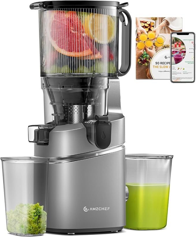 AMZCHEF Cold Press Juicer Machine, 5.8" Wide Chute for Whole Fruits & Vegetables, Self-Feeding Slow Masticating Juicer, 3-in-1 for Juice, Nut Milk & Sorbet, Triple Filtration, Easy Clean