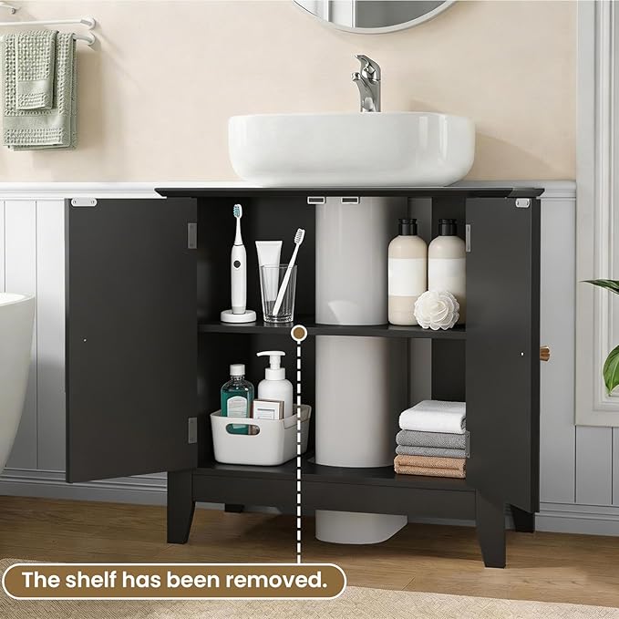 Under Sink Bathroom Cabinet with U-Shape Cutout for Pedestal Sink, Storage Cabinet with 2 Doors, Adjustable Shelf, Freestanding Floor Cabinet, Space-Saving Organizer for Bathroom (Black)
