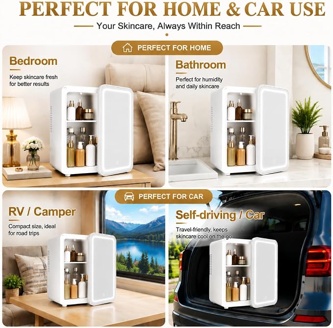 4L / 6Cans mini skincare fridge with Dimmable LED Light Mirror, Mini Fridge for Skin Care, Cosmetics, Beverage, Beauty Fridge for College Dorm, Office, Home, Car, Travel cooler and warmer (white)