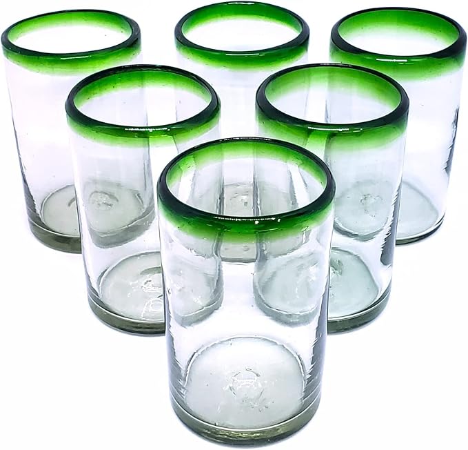 Emerald Green Rim 14 oz Drinking Glasses (set of 6), Recycled Glass, Lead-free, Toxin-Free (Drinking)