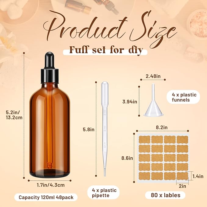 Lallisa 48 Pack 4oz Amber Glass Bottles with Glass Eye Droppers for Essential Oils with 4 Pcs Long Pipettes 4 Funnel and 80 Label, 120 ml Droppers for Perfumes Lab Travel