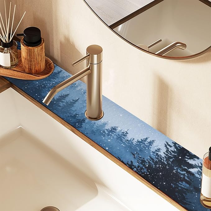 Kitchen Sink Splash Guard 1 PC 14.7 Inch Sink Faucet Mat Splash Guard for Bathroom Countertop Water Absorbent Foldable Cuttable Soft Washable Watercolor Winter Mountain Blue