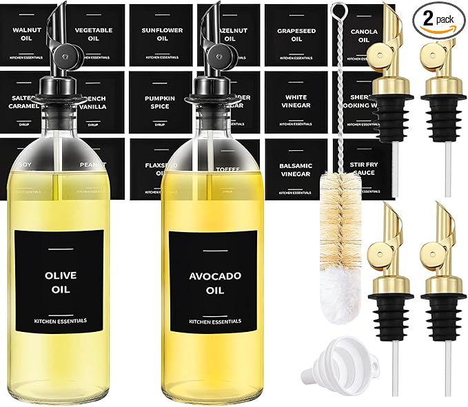Spaceneat Olive Oil Dispenser 2-Pack, Black, 16.9 fl oz & 4 Extra Oil Spouts (Gold)