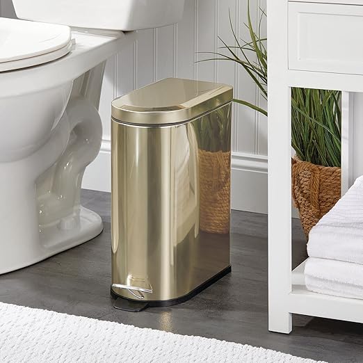 mDesign Small 2.6 Gallon/10 Liter Stainless Steel Metal Step Trash Can Garbage Bin for Bathroom, Bedroom, Office, D-Shape Trashcan with Foot Pedal/Lid, Removable Liner Bucket with Handles, Soft Brass