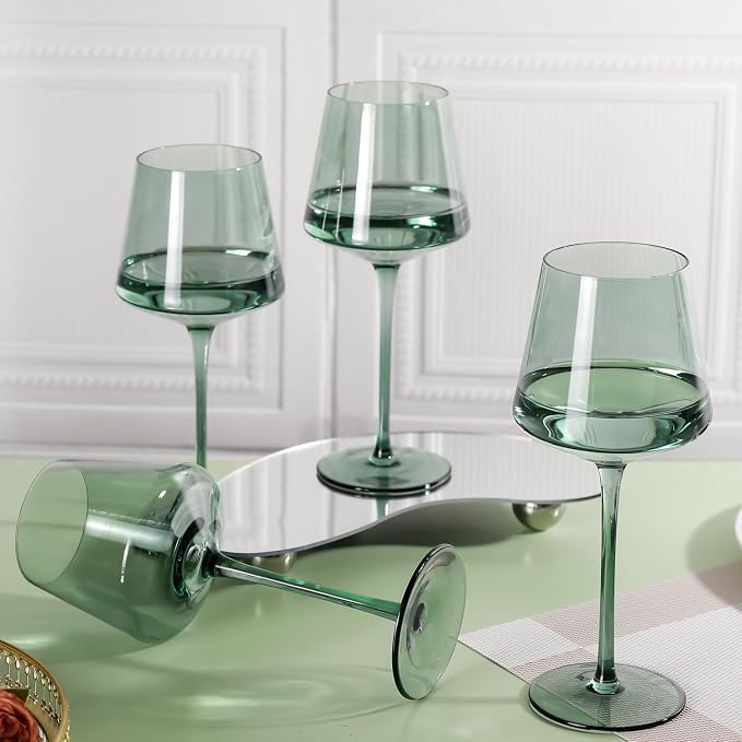 Green Wine Glasses Set of 6,18oz green Wine Glassware Gift Set for Wife & Mom-Colorful Hand Blown Glass Drinkware for Red White Wine