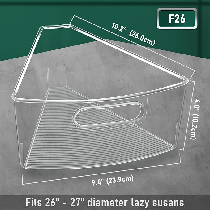 JEISSLIA Lazy Susan Cabinet Organizer Bins for 26"/ 28"/ 32" Diameter Corner Organizer, Plastic Cabinet Storage Bin, 1/8 Wedge - Food Safe, BPA Free, with Non-Slip Pads (for 26" Diameter, 4 Pack)