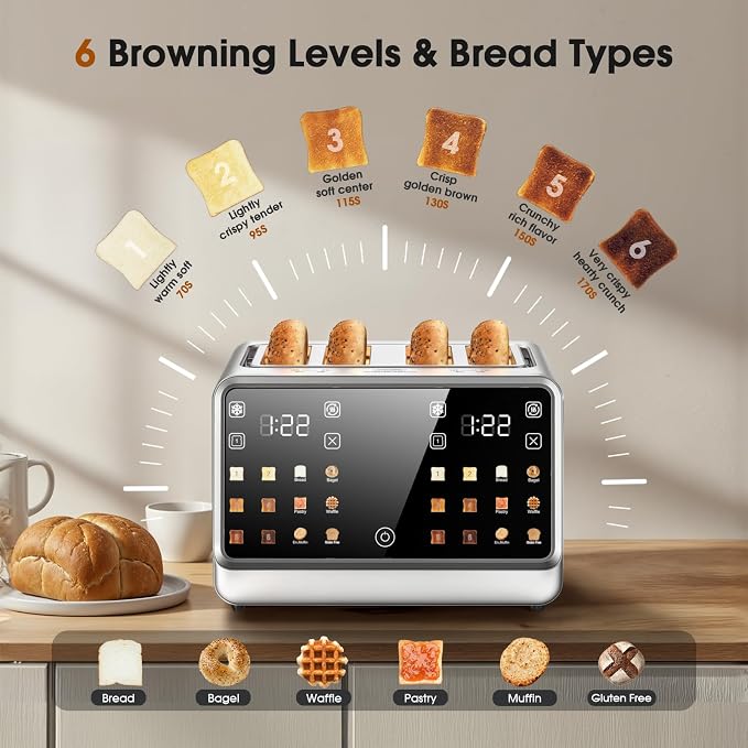 Smart Toaster 4 Slice with Dual Touchscreen & Independent Controls, 1800W Stainless Steel, Wide Slots for 6 Bread Types & Toast Settings,Single-Slice Modes, Defrost, Reheat