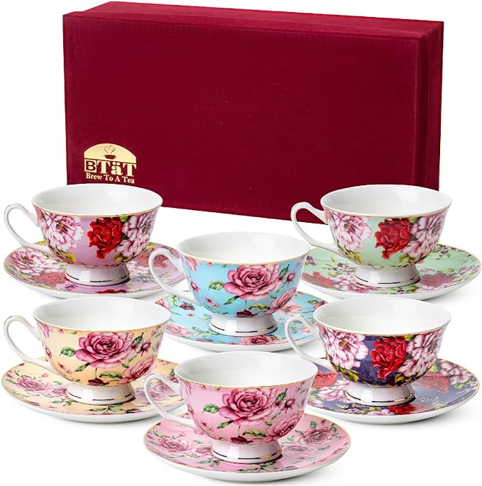 BTaT- Floral Tea Cups and Saucers, 8 oz, Fine Porcelain Teacup Set with Gold Trim for Afternoon Tea, Weddings, Parties & Gifting, Dishwasher Safe, Lightweight, Non-Toxic, Set of 6