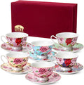 BTaT- Floral Tea Cups and Saucers, 8 oz, Fine Porcelain Teacup Set with Gold Trim for Afternoon Tea, Weddings, Parties & Gifting, Dishwasher Safe, Lightweight, Non-Toxic, Set of 6