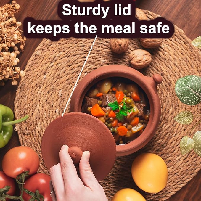 Small Earthenware Clay Mud Eathern Terracotta Cooking Pot Pottery Cazuela Cookware with Lid Natural Stovetop Stove Top Stone Stew Rice Unglazed Mexican Indian Kitchen Oven Terra Cotta Handcrafted Traditional Healthy (0.6 Quarts - Size1)