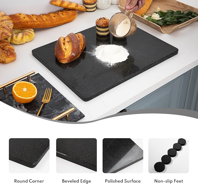 Lovdeco Granite Black Cutting Board, Pastry Board For Kitchen, Large Black Marble Slab Gift With Non-Slip Feets, 16x20 Inch, 1 Piece
