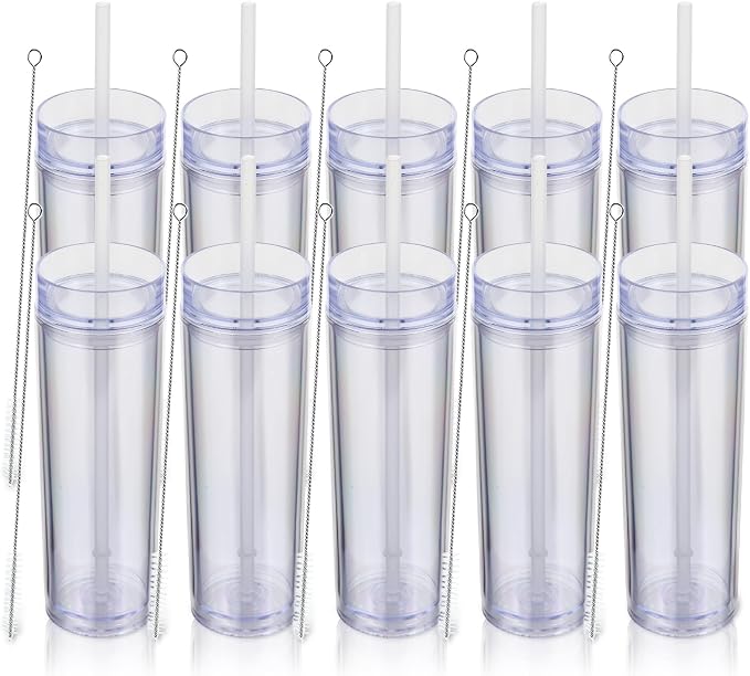 Volhoply 16oz Plastic Skinny Tumbler with Lid and Straw Bulk 10 Pack,Insulated Double Wall BPA Free Matte Acrylic Tumblers,Iced Coffee Travel Reusable Party Cup,Customizable Diy Gifts(Clear,10 Set)