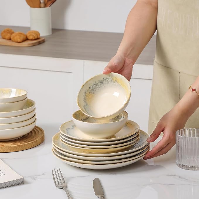 DOMICREVERY Ceramic Dinnerware Sets for 6, 24 Pieces Plates and Bowls Sets, Lemon Sea