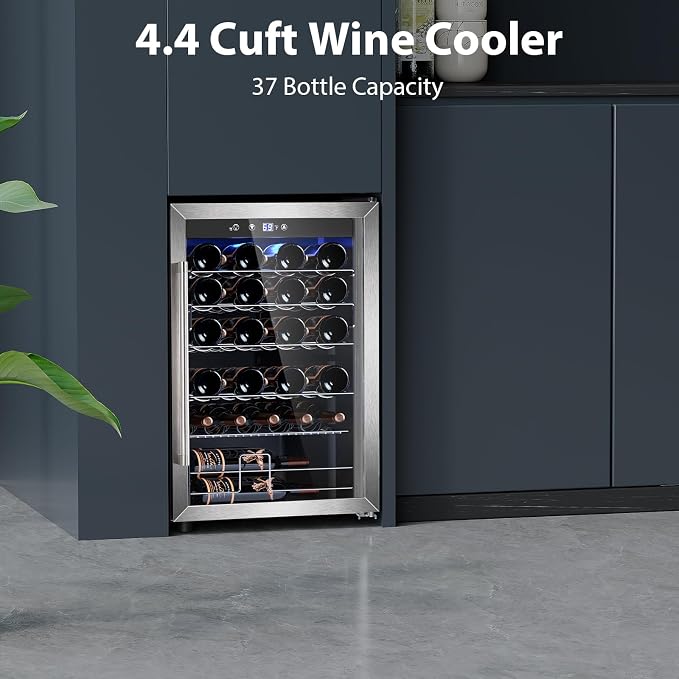 Electactic 4.4 Cu.ft Wine Cooler Refrigerator, 37 Bottle Freestanding Cabinet Wine Cellars, Wine Fridge with Glass Door for Home Use, Protecting Your Reds, Silver