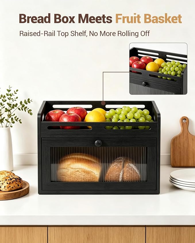 Bread Box for Kitchen Countertop, Bamboo Bread Storage Container with Raised-Rail Top Shelf and Acrylic Window, Farmhouse Breadbox Organizer for Pantry, Fruit, Spices, Black