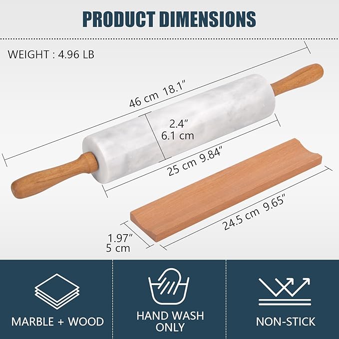 Marble Rolling Pin With Stand, 18.1-Inch Polished Non-Stick Stone Dough Roller With Wooden Handles for Baking Pasta, Pizza, Cookies, Pie Crust, Kitchen Pastry Tools (1, Light Grey, 18.1)