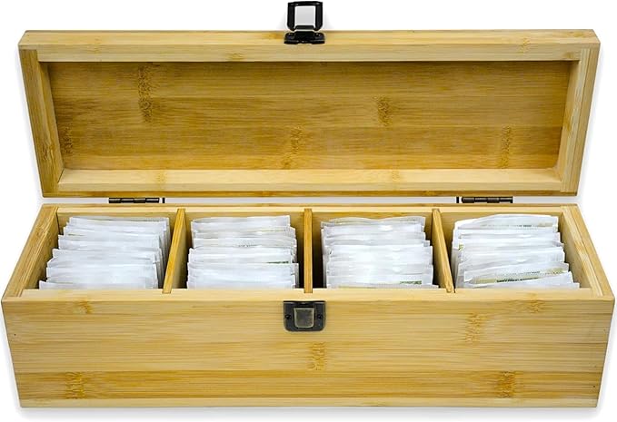 Tea Organizer Box Food Safe Bamboo Wood Chemical Free Big, Tall, Adjustable Cubbies Natural Storage Chest (4-Slot Across 14.3" x 4.4" x 4.2" with Tea Cup design)