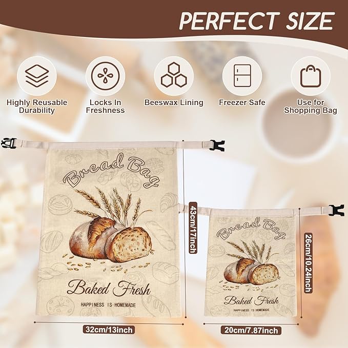 Beeswax Bread Bags for Sourdough, 3 Pack Reusable Bread Bag for Storage - XL 17x13 Inch and 10x8 Inch, Large Linen Bags for Homemade Sourdough - Keep Fresh, Freezer Safe