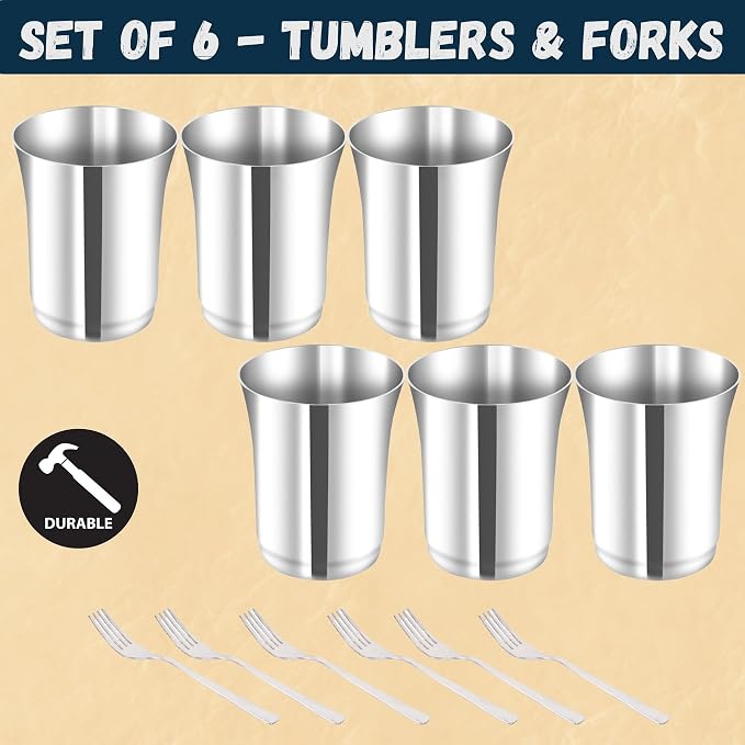 48 Pieces Dinner Set, Stainless Steel Dinnerware Set, Service for 6 (Full Plates, Quarter Dishes, Bowls, Tumblers) Metal Reusable set for Home, Kitchen, Camping, Dishwasher Safe