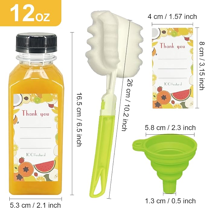 12 Pack 12oz Clear Reusable Plastic Juice Bottles with Caps, Food Grade BPA-Free Leak Proof Juicing Containers with 12 Labels & brush& Silicone Funnels for Homemade Juice, Smoothies & Travel