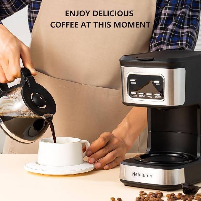 5-Cup Programmable Coffee Maker - Reusable Filter, Clear Water Level Indicator, Auto Shut- Off, Black &Stainless Steel Coffee Pot