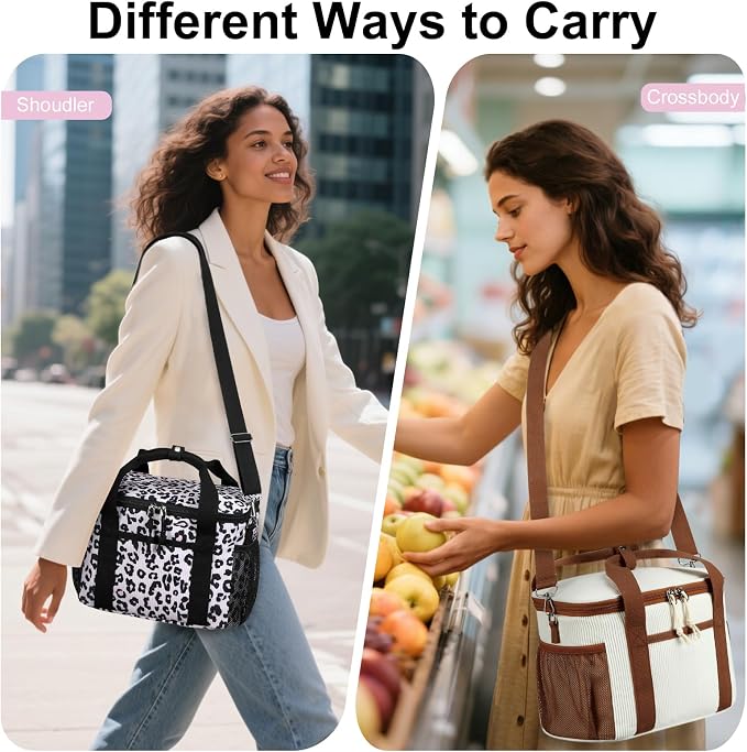 BTOOP Insulated Lunch Box for Women, Cute Corduroy Lunch Bag with Shoulder Strap, Leakproof Wide-Open Lunch Tote for Work, Office, School, Picnic, Pink-Leopard