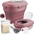 Komzon Rice Storage Bin Cereal Containers, 13-50lb Collapsible Rice Container Dispenser with Transparent Lid, Rolling Wheels, Measuring Cup and Scoop, Airtight Dog Cat Pet Food Storage Container Pink