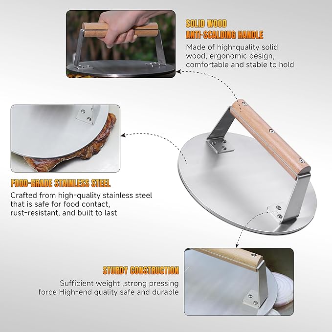 Professional-Grade 8.5-Inch Extra-Large Burger Press – Heavy Duty Stainless Steel Wooden Handle 3.65 lbs Easy to Clean for Hamburger Patties Bacon & Sandwiches Premium Grilling Tool
