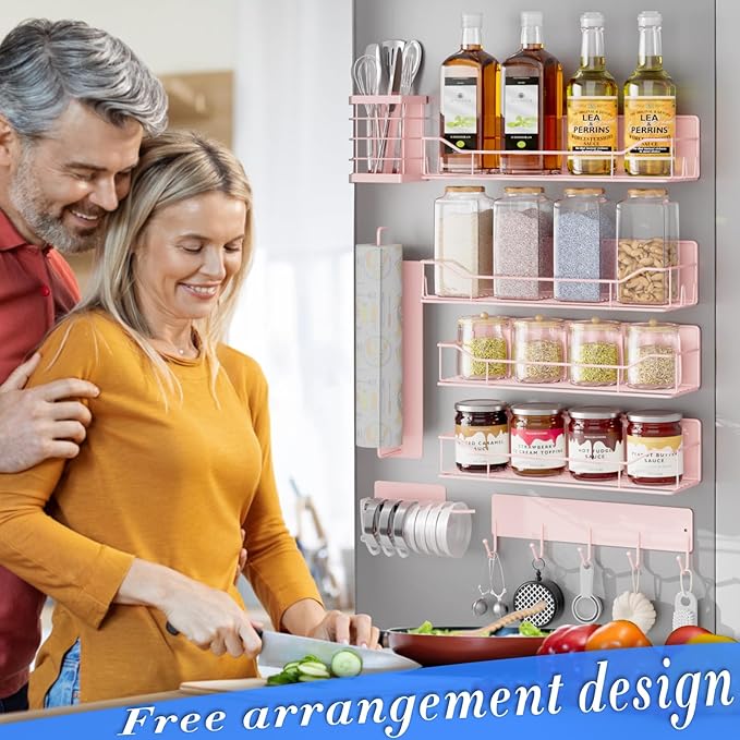 Magnetic Spice Rack for Refrigerator,8 Pack Magnetic Fridge Shelf, Moveable Spice Organizer with Hook Rack, Paper Towel Holder, Utensil Holder,cup lid holder, Super Magnetic Rack Set (Pink)